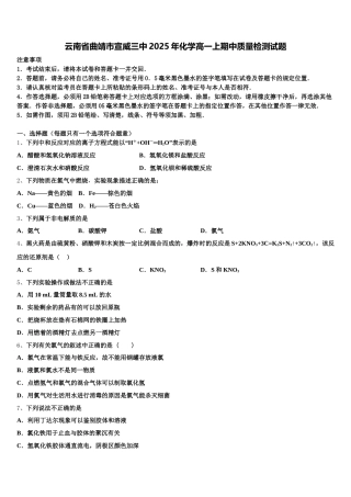云南省曲靖市宣威三中2025年化学高一上期中质量检测试题含解析