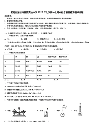云南省楚雄州民族实验中学2025年化学高一上期中教学质量检测模拟试题含解析