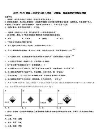 2025-2026学年云南省文山州五中高一化学第一学期期中联考模拟试题含解析