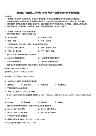 云南省广南县第二中学校2025年高一上化学期中联考模拟试题含解析