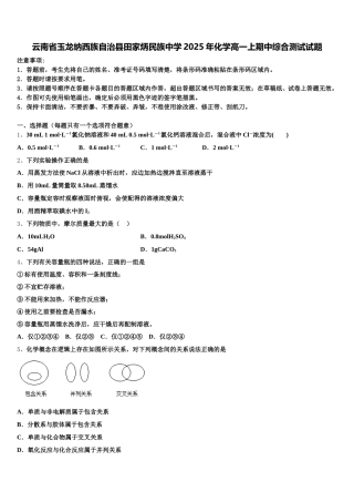 云南省玉龙纳西族自治县田家炳民族中学2025年化学高一上期中综合测试试题含解析