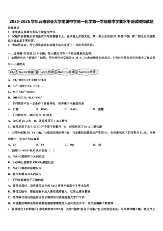 2025-2026学年云南农业大学附属中学高一化学第一学期期中学业水平测试模拟试题含解析