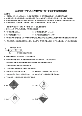玉溪市第一中学2025年化学高一第一学期期中检测模拟试题含解析