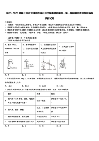2025-2026学年云南省楚雄彝族自治州民族中学化学高一第一学期期中质量跟踪监视模拟试题含解析