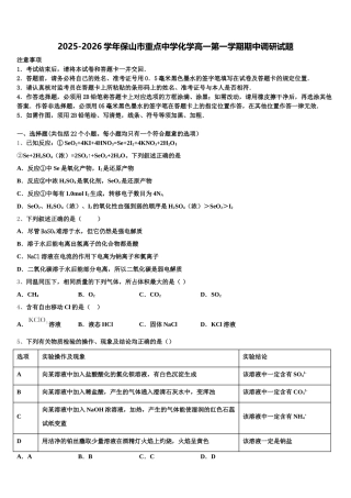 2025-2026学年保山市重点中学化学高一第一学期期中调研试题含解析