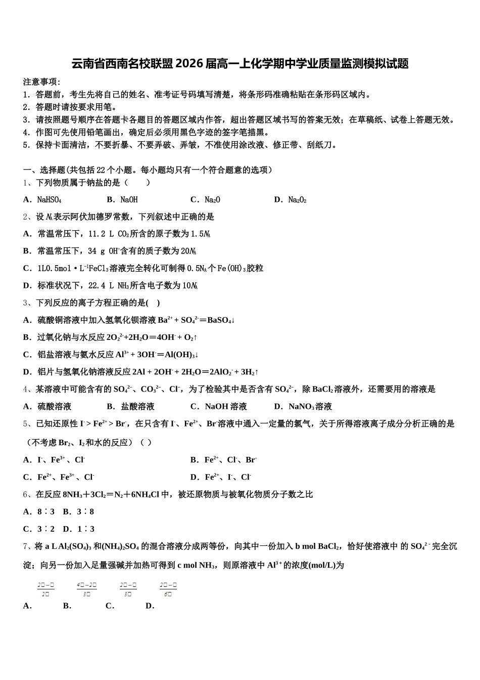 云南省西南名校联盟2026届高一上化学期中学业质量监测模拟试题含解析_第1页