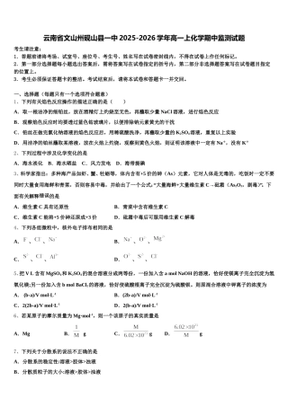 云南省文山州砚山县一中2025-2026学年高一上化学期中监测试题含解析