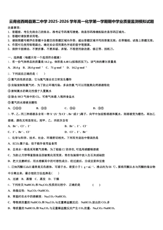 云南省西畴县第二中学2025-2026学年高一化学第一学期期中学业质量监测模拟试题含解析