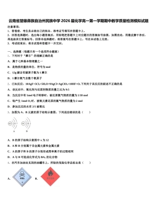 云南省楚雄彝族自治州民族中学2026届化学高一第一学期期中教学质量检测模拟试题含解析