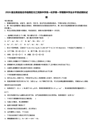 2026届云南省临沧市临翔区元江民族中学高一化学第一学期期中学业水平测试模拟试题含解析