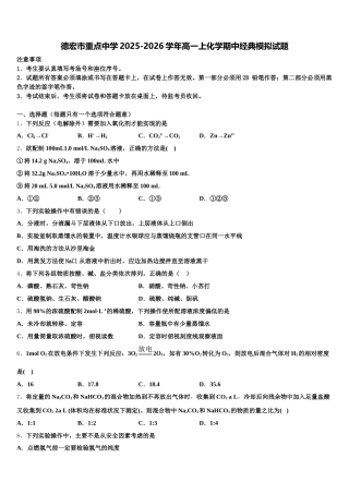 德宏市重点中学2025-2026学年高一上化学期中经典模拟试题含解析