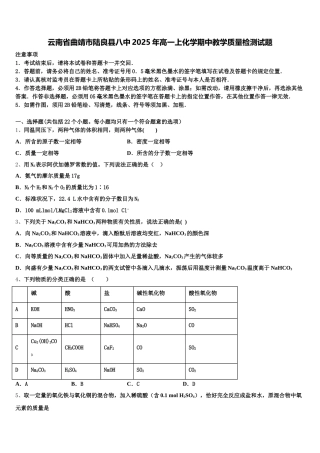 云南省曲靖市陆良县八中2025年高一上化学期中教学质量检测试题含解析
