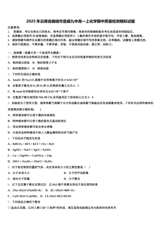 2025年云南省曲靖市宣威九中高一上化学期中质量检测模拟试题含解析