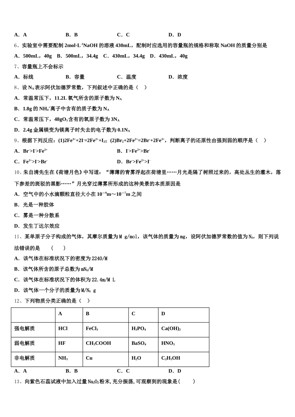 2025年云南楚雄州南华县民中化学高一第一学期期中学业质量监测试题含解析_第2页
