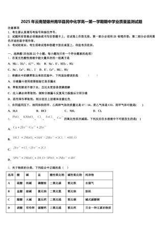 2025年云南楚雄州南华县民中化学高一第一学期期中学业质量监测试题含解析