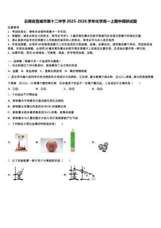 云南省宣威市第十二中学2025-2026学年化学高一上期中调研试题含解析