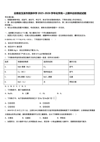 云南省玉溪市民族中学2025-2026学年化学高一上期中达标测试试题含解析
