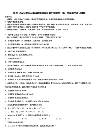 2025-2026学年云南省楚雄彝族自治州化学高一第一学期期中调研试题含解析