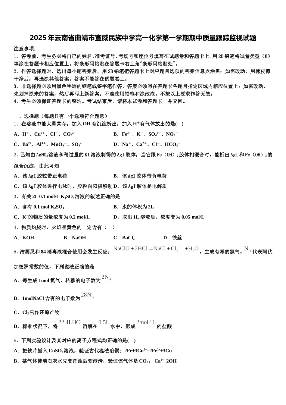 2025年云南省曲靖市宣威民族中学高一化学第一学期期中质量跟踪监视试题含解析_第1页