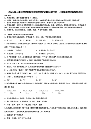 2026届云南省中央民族大附属中学芒市国际学校高一上化学期中经典模拟试题含解析