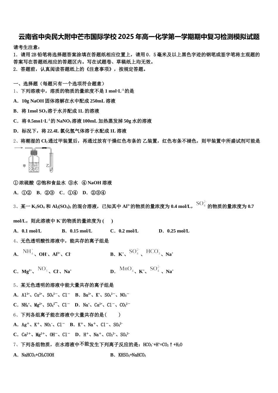 云南省中央民大附中芒市国际学校2025年高一化学第一学期期中复习检测模拟试题含解析_第1页
