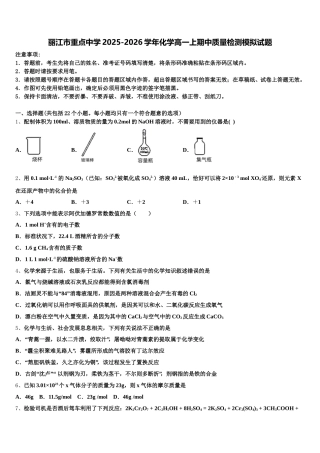 丽江市重点中学2025-2026学年化学高一上期中质量检测模拟试题含解析