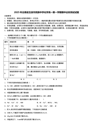 2025年云南省玉溪市民族中学化学高一第一学期期中达标测试试题含解析