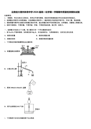 云南省大理州体育中学2026届高一化学第一学期期中质量检测模拟试题含解析
