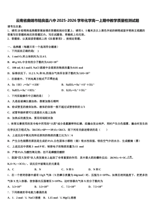 云南省曲靖市陆良县八中2025-2026学年化学高一上期中教学质量检测试题含解析