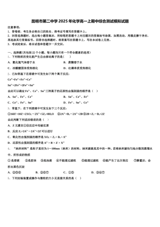 昆明市第二中学2025年化学高一上期中综合测试模拟试题含解析