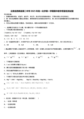 云南省西畴县第二中学2025年高一化学第一学期期中教学质量检测试题含解析
