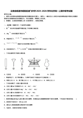 云南省昭通市昭阳区建飞中学2025-2026学年化学高一上期中联考试题含解析