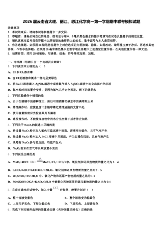 2026届云南省大理、丽江、怒江化学高一第一学期期中联考模拟试题含解析