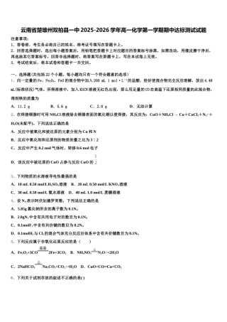云南省楚雄州双柏县一中2025-2026学年高一化学第一学期期中达标测试试题含解析