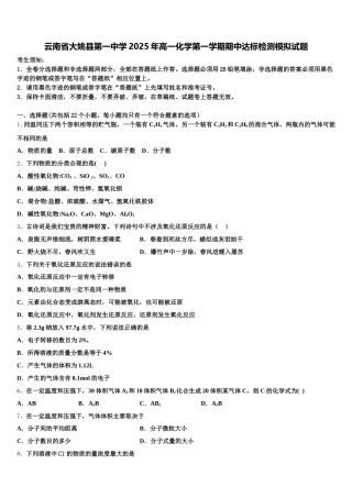 云南省大姚县第一中学2025年高一化学第一学期期中达标检测模拟试题含解析