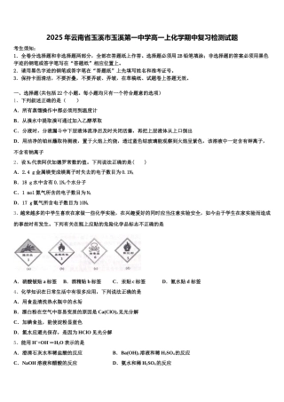 2025年云南省玉溪市玉溪第一中学高一上化学期中复习检测试题含解析