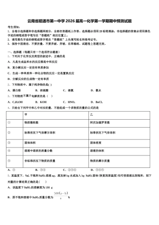 云南省昭通市第一中学2026届高一化学第一学期期中预测试题含解析
