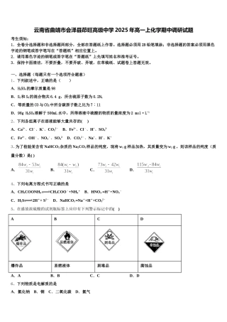 云南省曲靖市会泽县茚旺高级中学2025年高一上化学期中调研试题含解析
