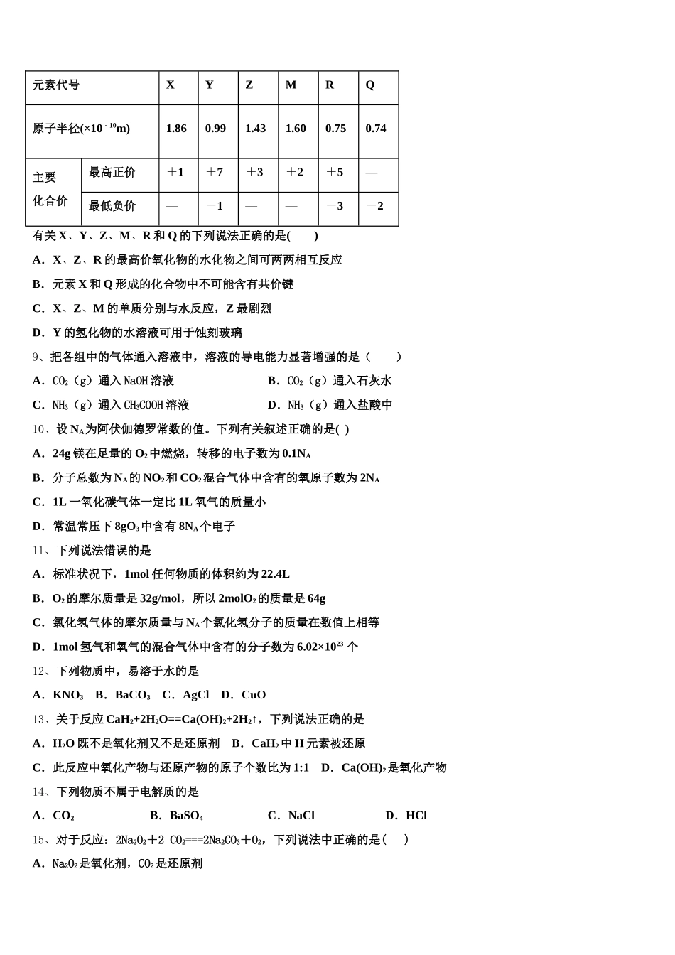 云南省玉溪市民中2026届高一上化学期中调研试题含解析_第2页