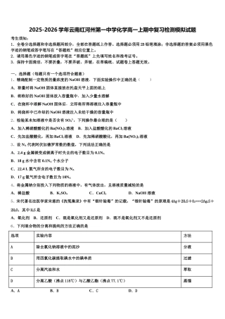 2025-2026学年云南红河州第一中学化学高一上期中复习检测模拟试题含解析
