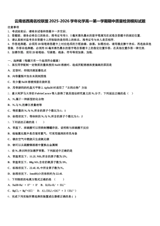云南省西南名校联盟2025-2026学年化学高一第一学期期中质量检测模拟试题含解析