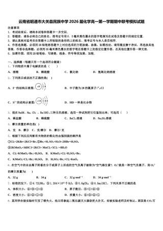 云南省昭通市大关县民族中学2026届化学高一第一学期期中联考模拟试题含解析