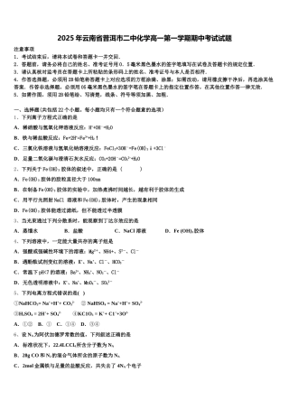 2025年云南省普洱市二中化学高一第一学期期中考试试题含解析