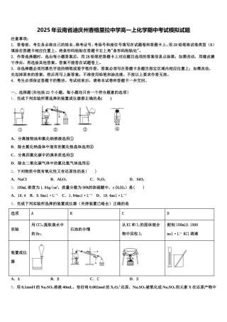 2025年云南省迪庆州香格里拉中学高一上化学期中考试模拟试题含解析