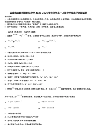 云南省大理州新世纪中学2025-2026学年化学高一上期中学业水平测试试题含解析