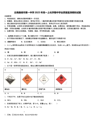 云南曲靖市第一中学2025年高一上化学期中学业质量监测模拟试题含解析