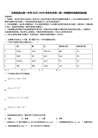 云南省保山第一中学2025-2026学年化学高一第一学期期中质量检测试题含解析