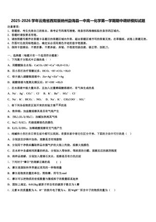 2025-2026学年云南省西双版纳州勐海县一中高一化学第一学期期中调研模拟试题含解析