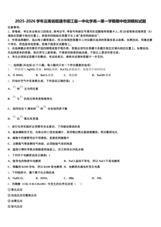 2025-2026学年云南省昭通市绥江县一中化学高一第一学期期中检测模拟试题含解析