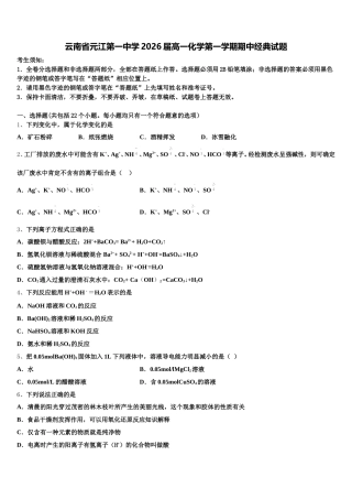 云南省元江第一中学2026届高一化学第一学期期中经典试题含解析